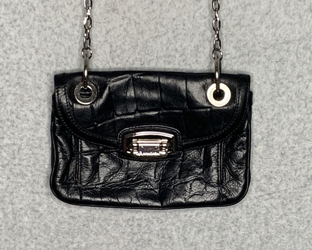 B. Makowsky Black Leather Mini Crossbody Bag Chain Strap Y2K Silver